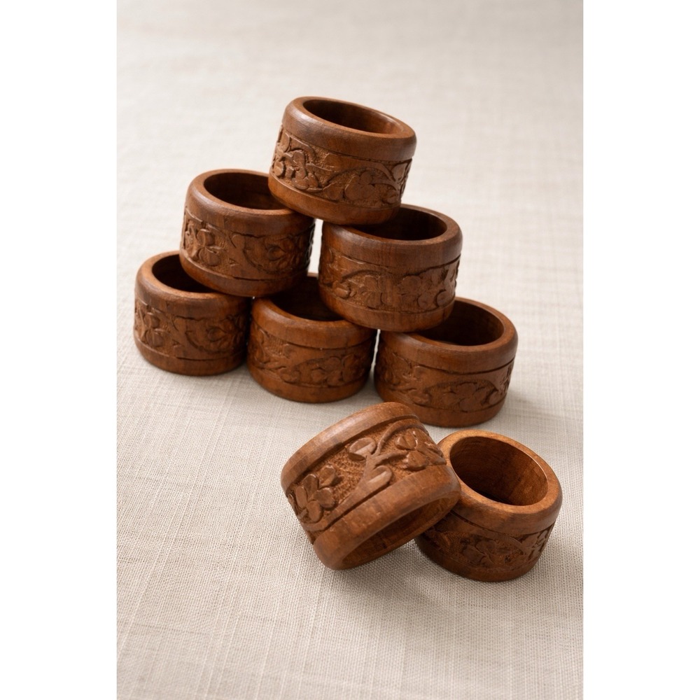 VTG Hard Carved Wood Napkin Rings (8) Floral  Sheeshan India Rustic Table Decor